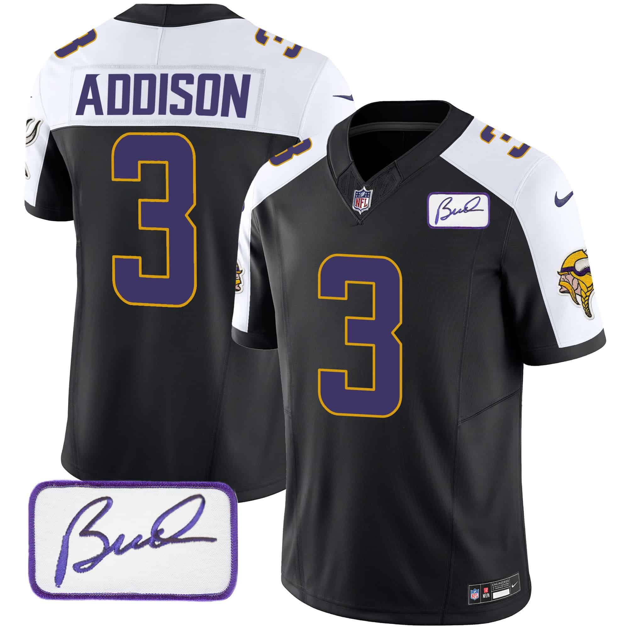 Men Minnesota Vikings #3 Addison Black 2024 Nike Bud Grant Patch Classic Limited NFL Jersey style 1